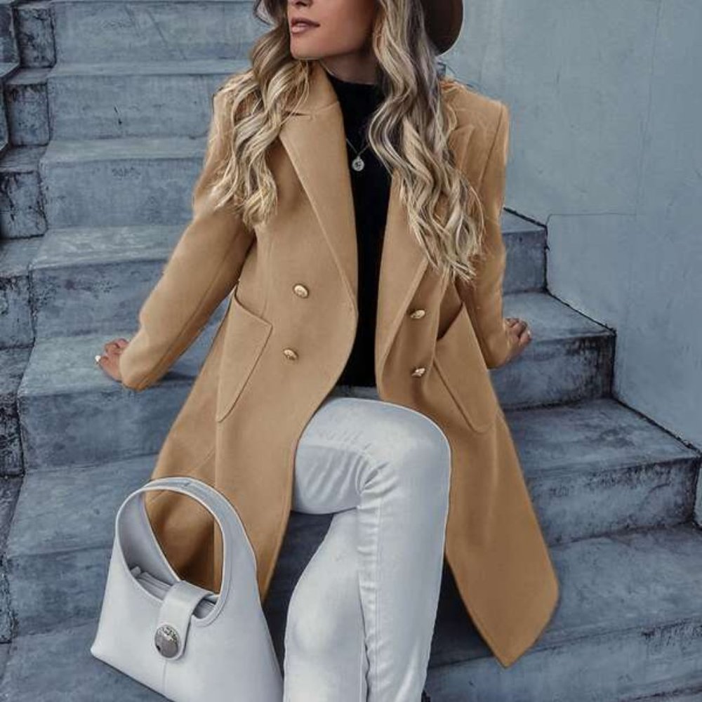 Classic tan button double breast trench pea coat